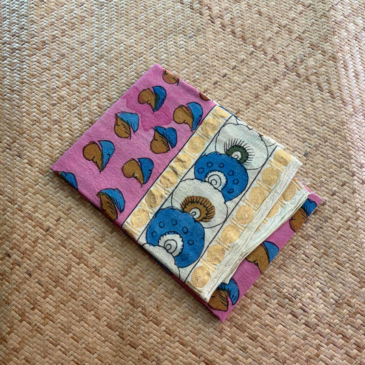 Pink Floral, Kalamkari Hand Painted on a Madurai Sungudi Cotton 1.20 METER FABRIC