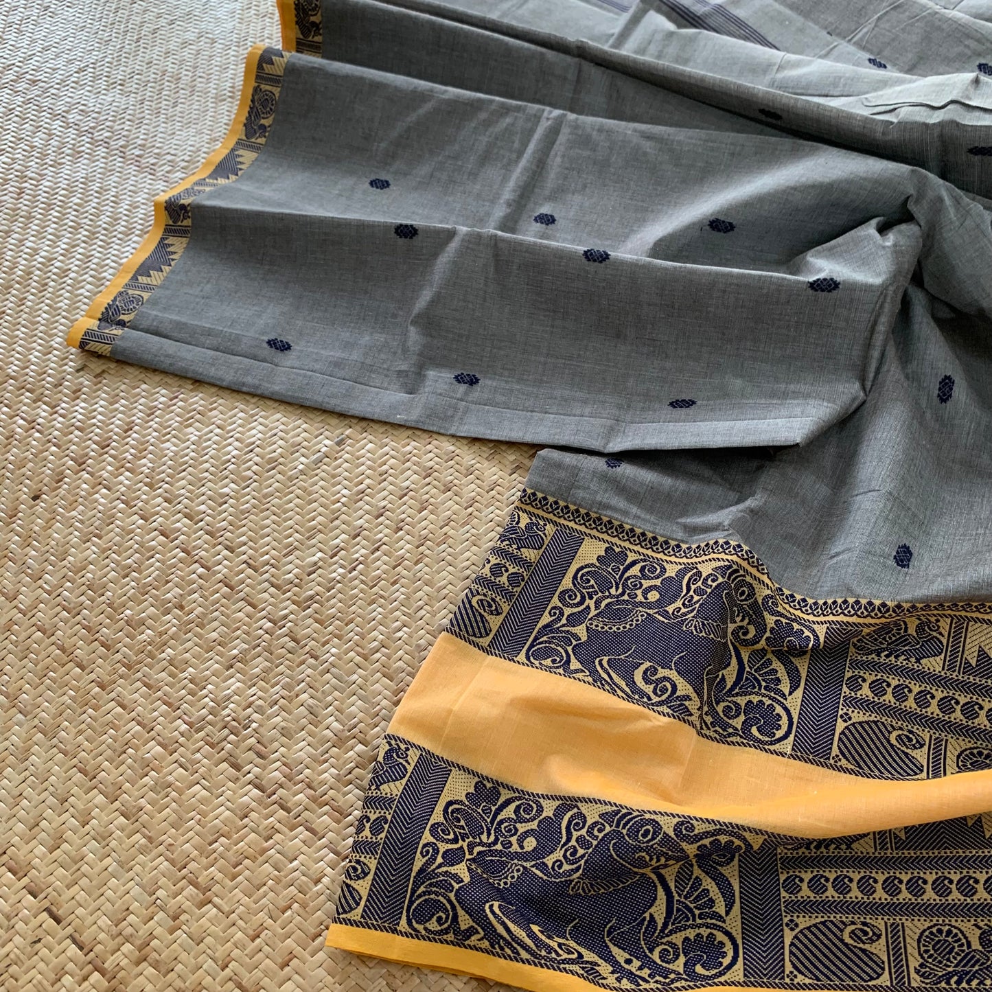 Grey with Yellow Thread Border, Chettinadu Cotton Saree