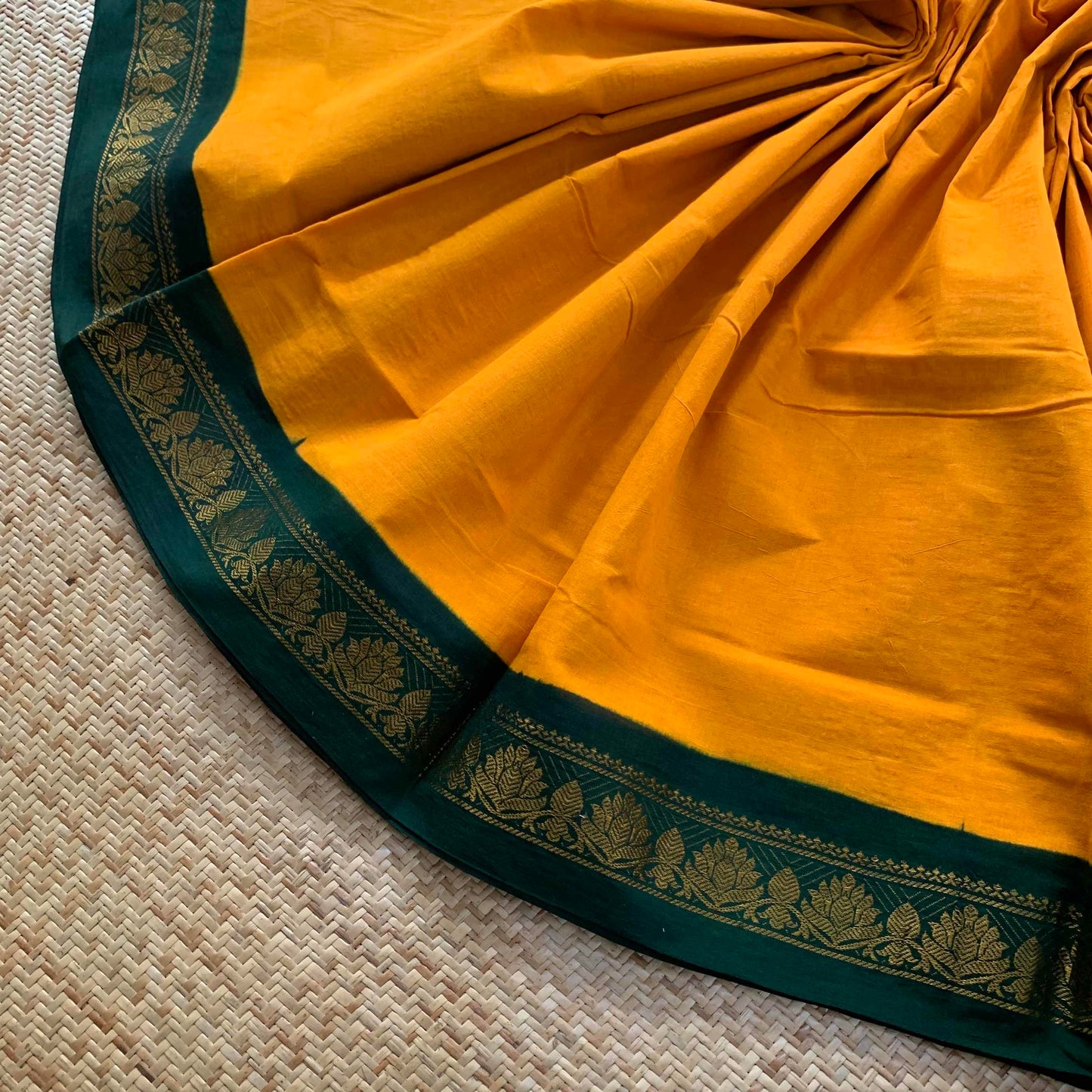 Yellow Saree With Green Half Fine Zari Border, Clamp dyed (Kattu sayam).