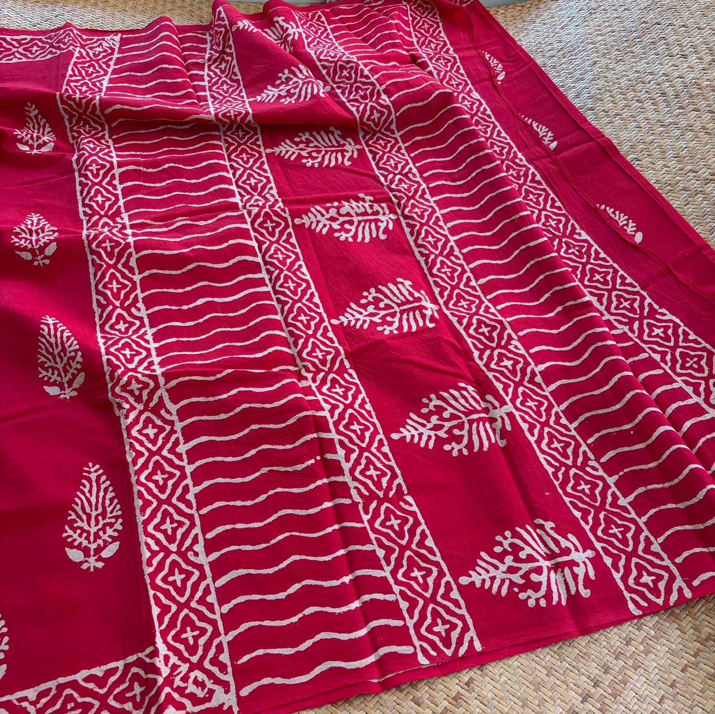 Mul Mul Cotton saree, Hand Block Printed, Red
