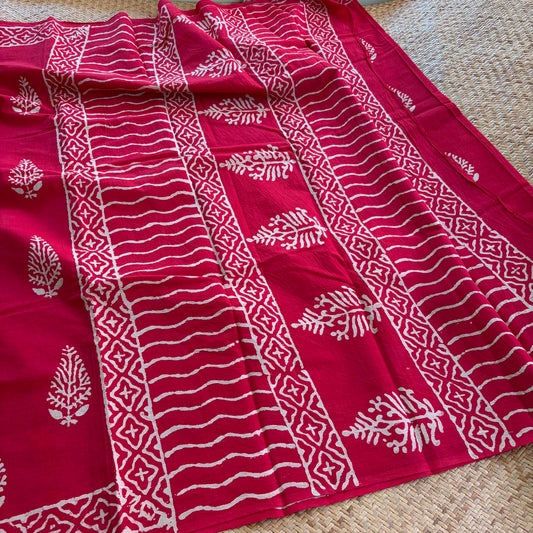 Mul Mul Cotton saree, Hand Block Printed, Red