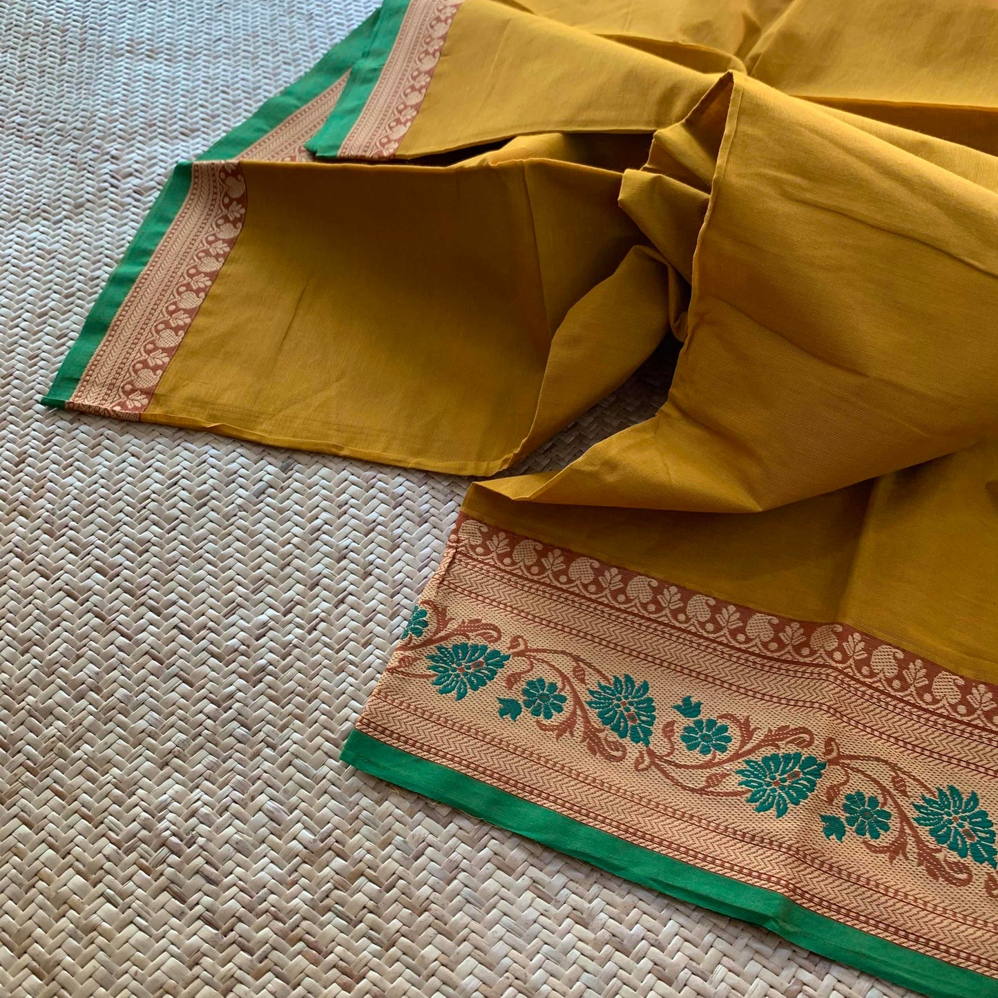 Mustard Saree With Thread Border, Chettinadu Cotton Saree