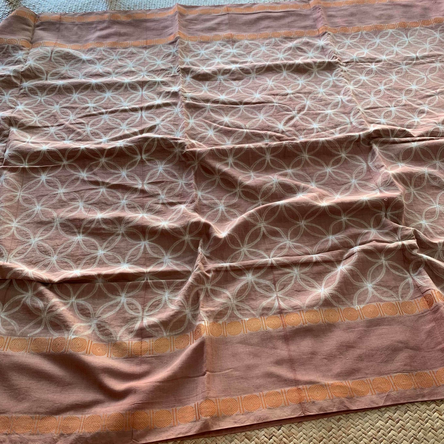 Four Petals- Warm Nude, Hand Crafted Shibori Sungudi Cotton Saree