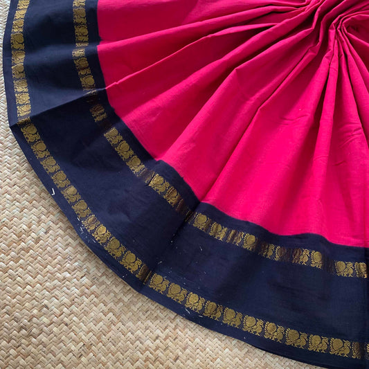 Pink Saree With Navy Border, Zari Annam Rettai Pettu Border , Clamp dyed (Kattu sayam).