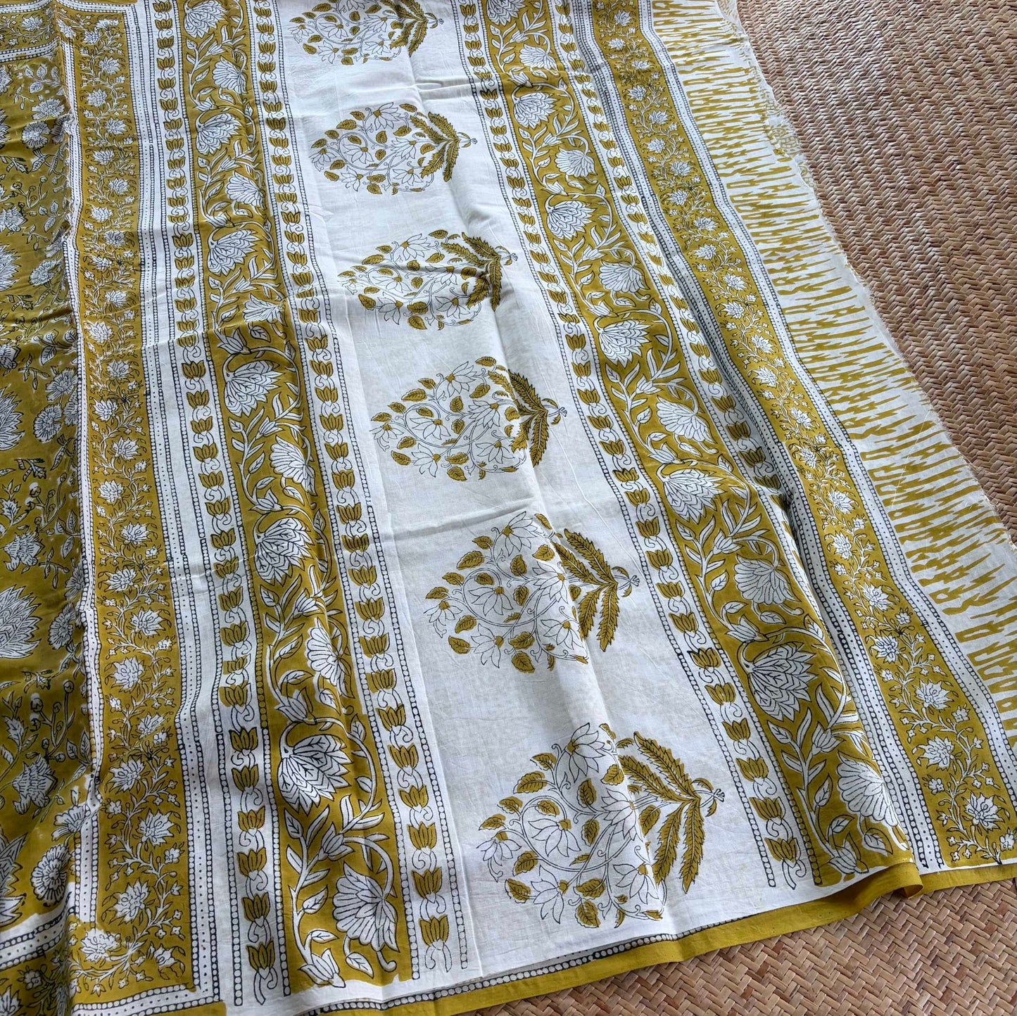 Mul Mul Cotton saree, Hand Block Printed, Mustard