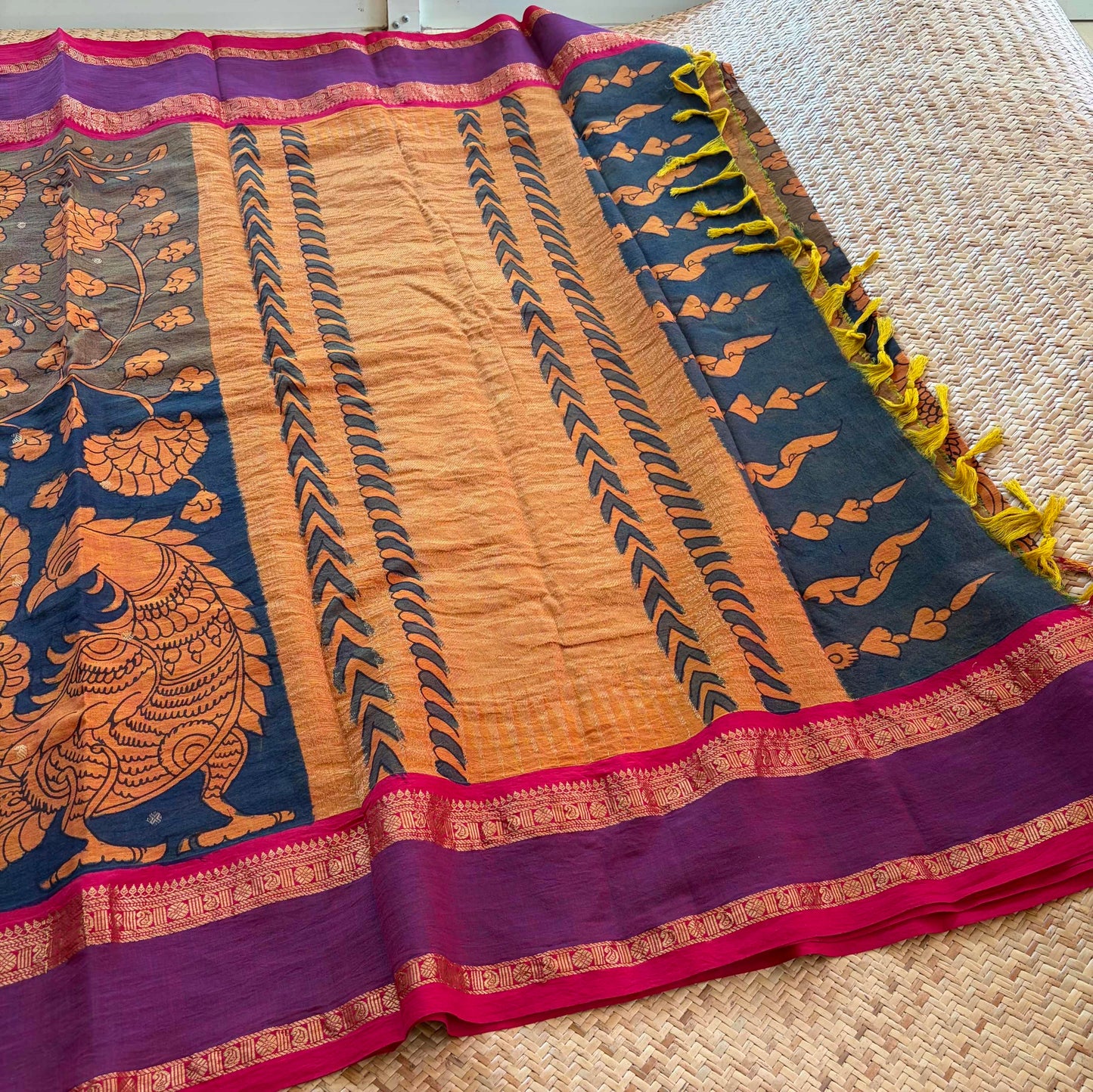 Multicoloured Kalamkari Hand Painted on Chettinad Cotton saree