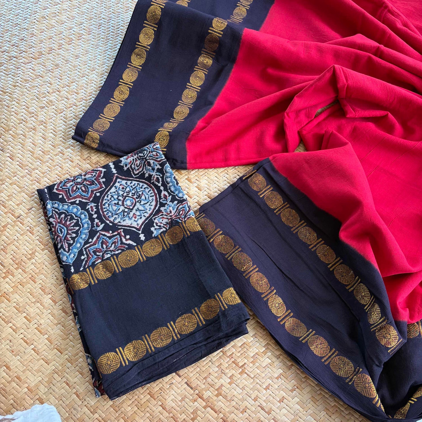 Red Saree With Ajrak Blouse , Zari Rudraksham Rettai Pettu Border , Clamp dyed (Kattu sayam)