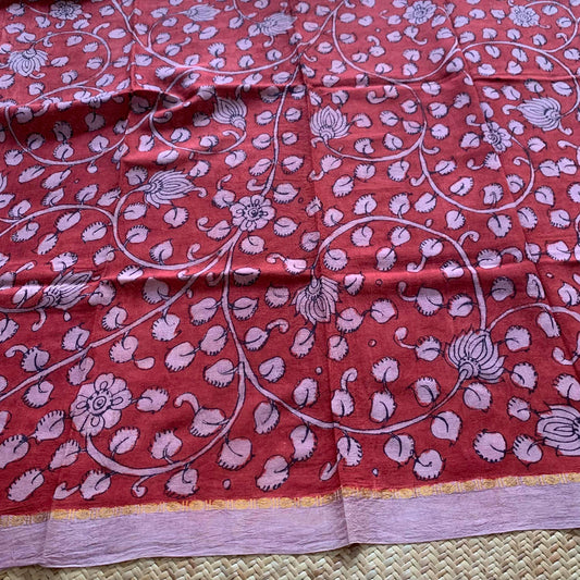 Maroon Floral, Kalamkari Hand Painted on a Madurai Sungudi Cotton CUT FABRIC