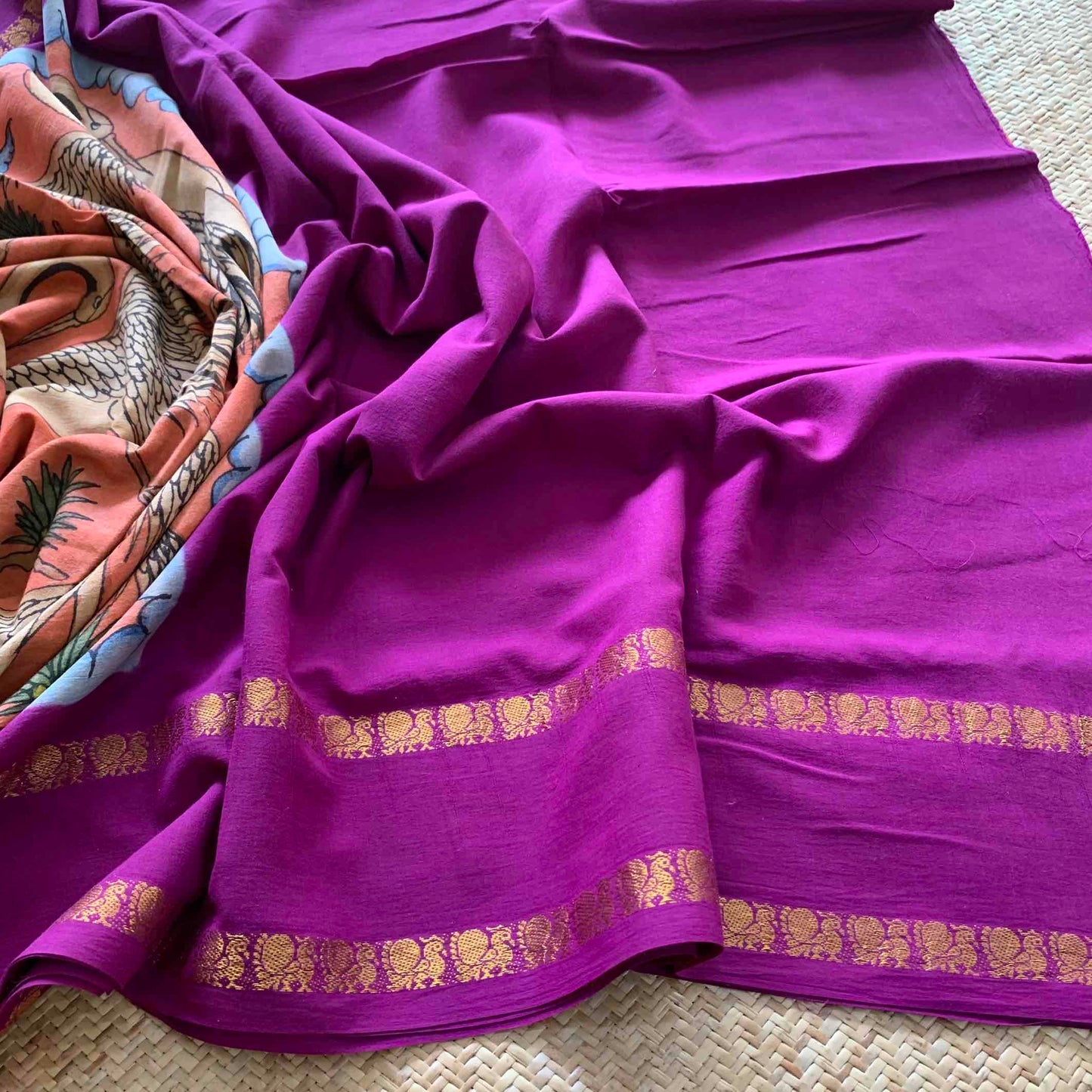 Crane, Kalamkari Hand Painted on a Madurai Sungudi Cotton saree.