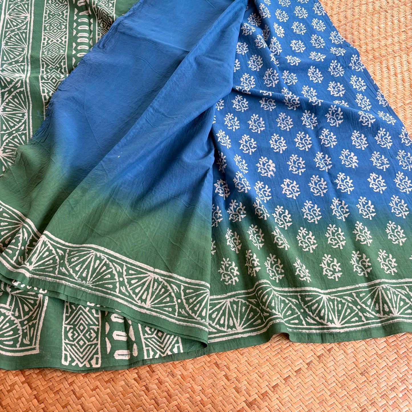 Mul Mul Cotton saree, Hand Block Printed, Blue