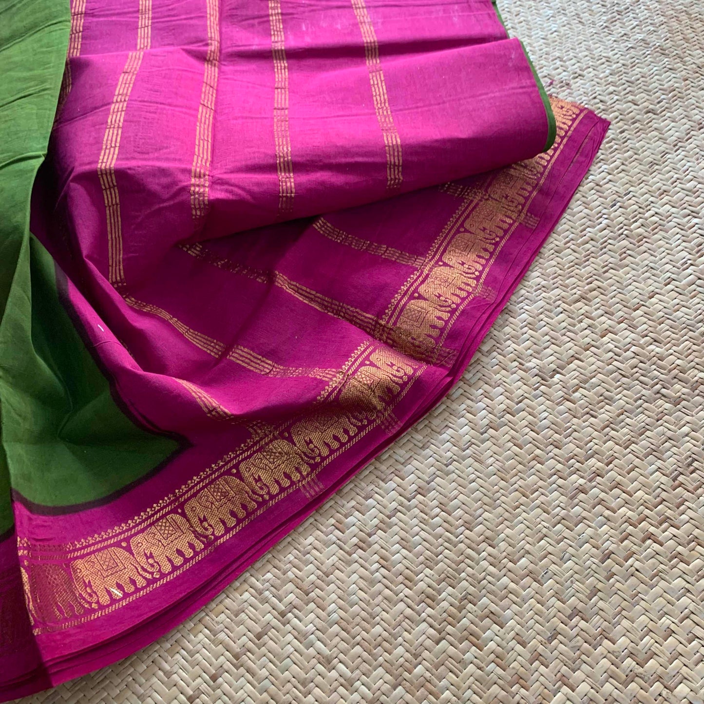 Green Saree With Pink Half Fine Zari Border, Clamp dyed (Kattu sayam).