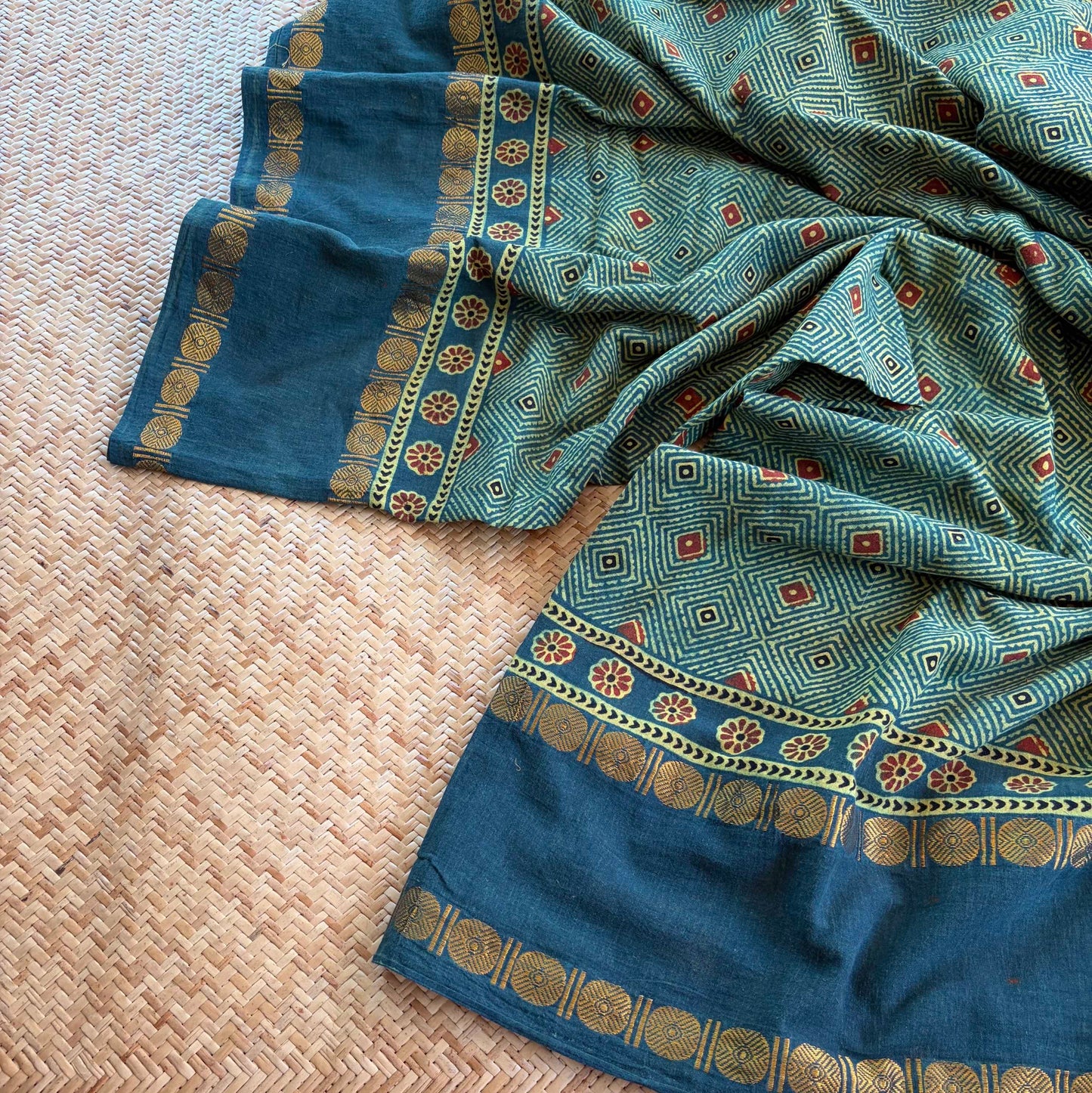 Green, Ajrak Hand Block Printed On Madurai Cotton Saree With Zari