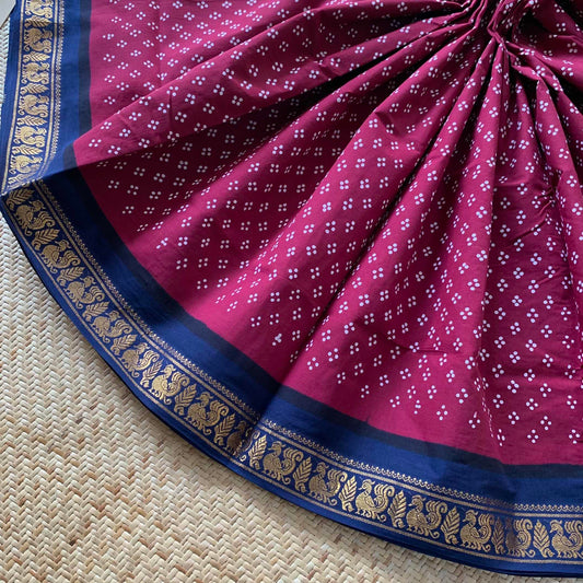 Araku With Blue Wax Print, Half Fine Zari Premium Sungudi Cotton Sarees