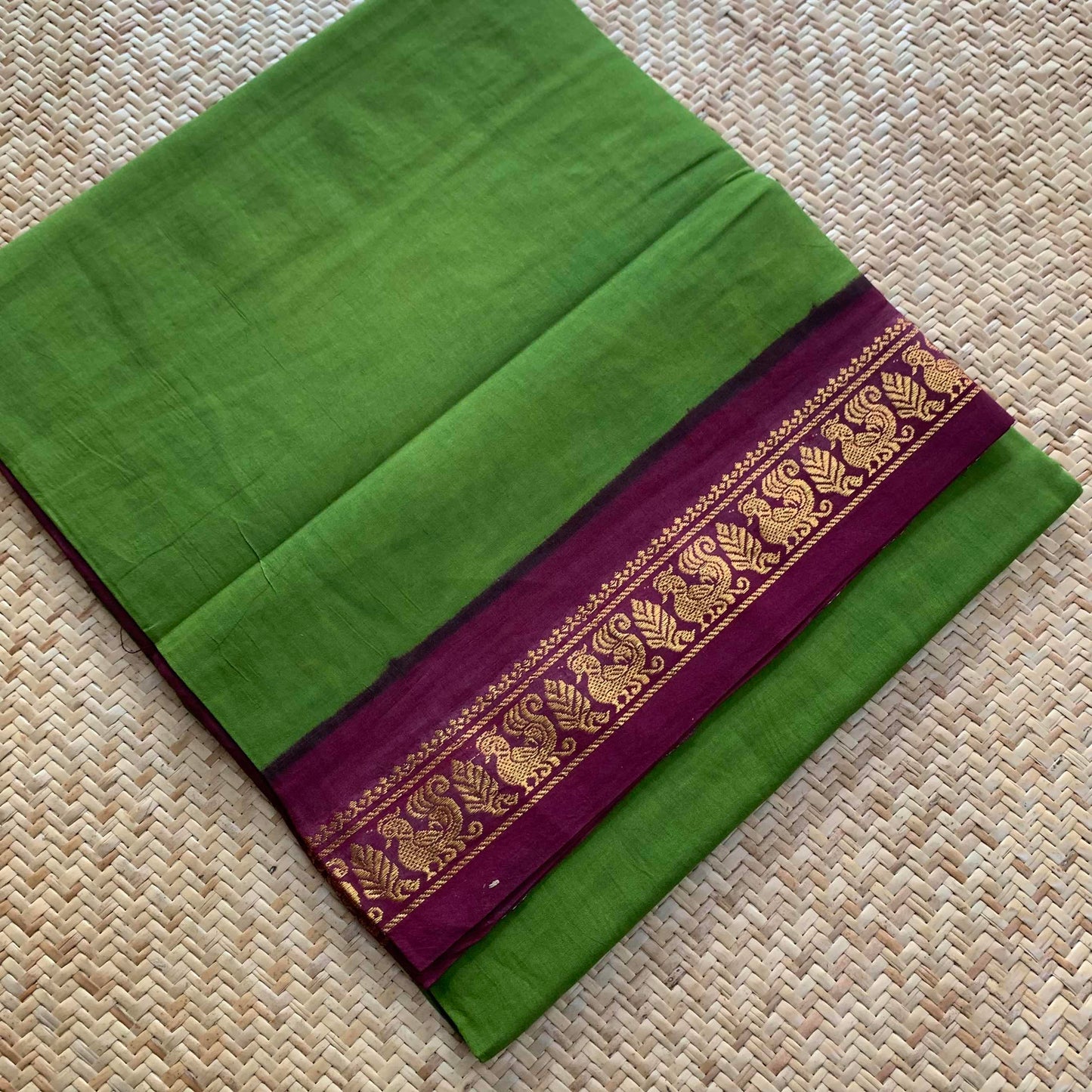 Green Saree With Beetle Nut Brown Half Fine Zari Border, Clamp dyed (Kattu sayam).