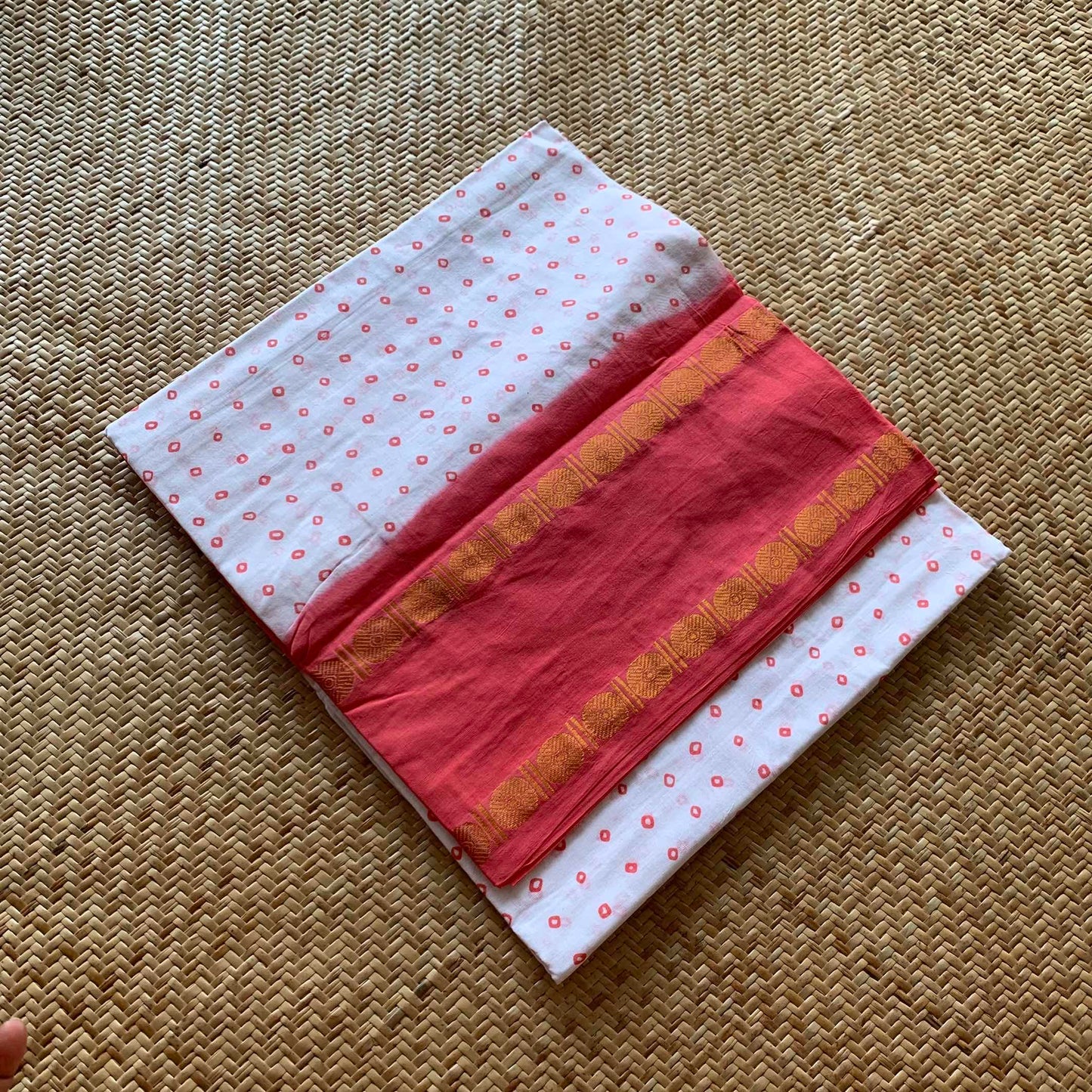 Coral Rudraksham Border With Block Print, Sungudi Saree