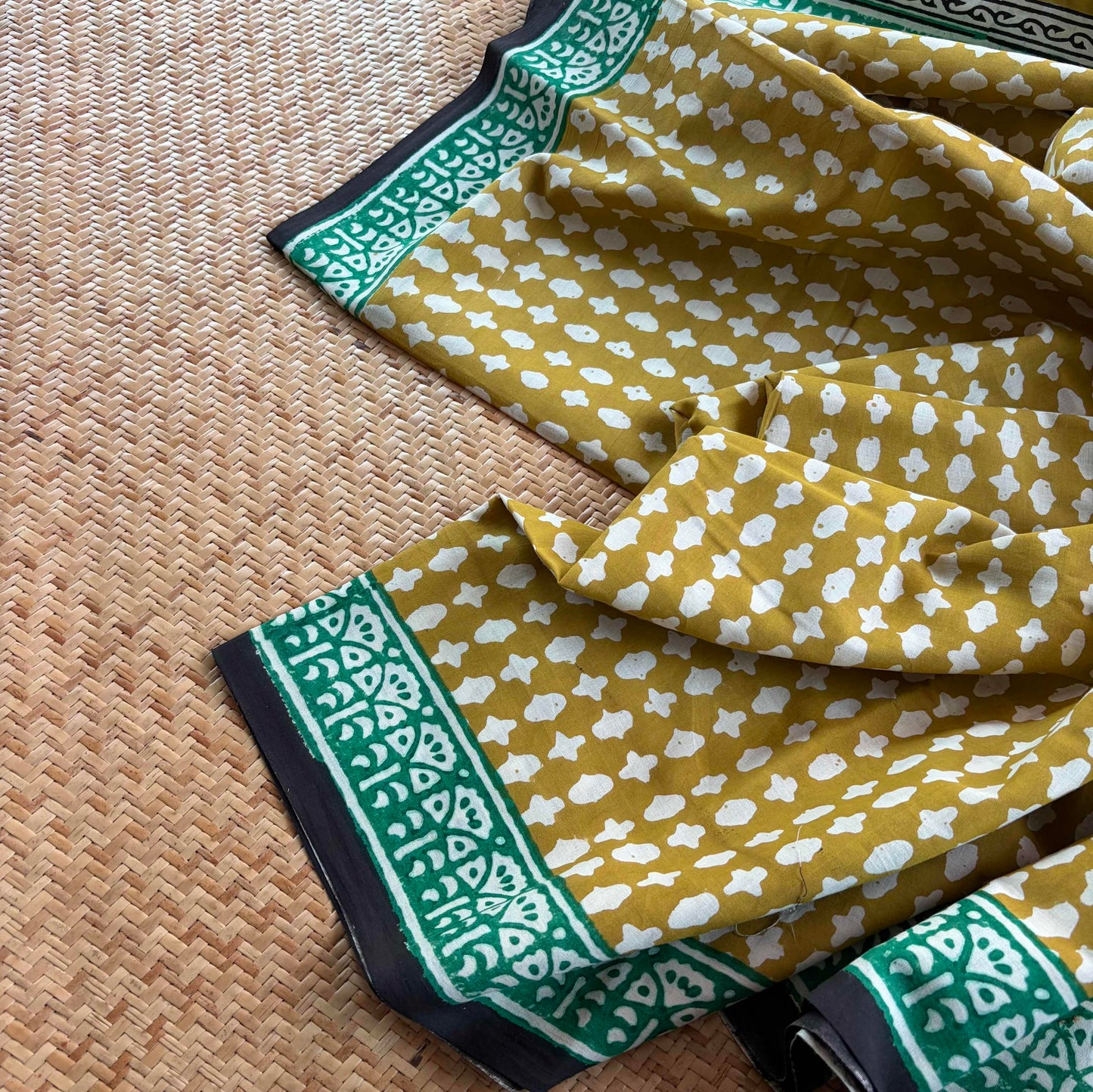 Mul Mul Cotton saree, Hand Block Printed, Mustard