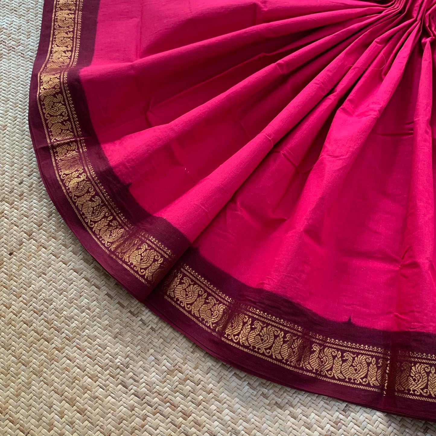 Pink Saree With Maroon Half Fine Zari Border, Clamp dyed (Kattu sayam).