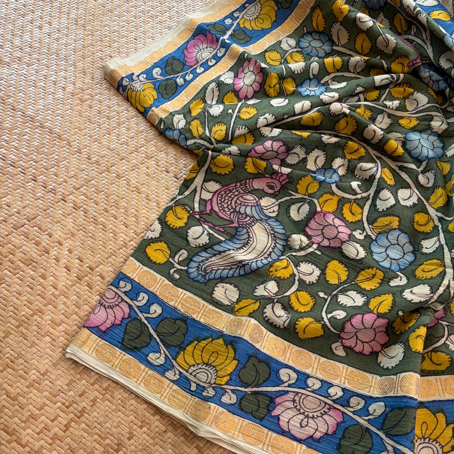 Green Kalamkari Hand Painted on Cotton Sungudi Saree With Blouse