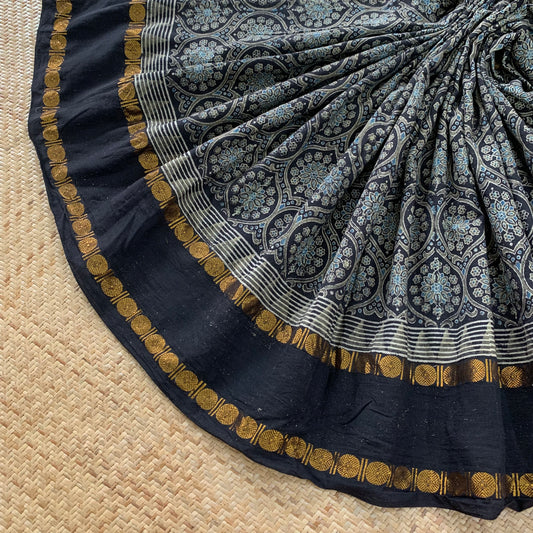 Patterned Flowers-Charcoal , Ajrak Hand Block Printed On Madurai Cotton Saree With Zari