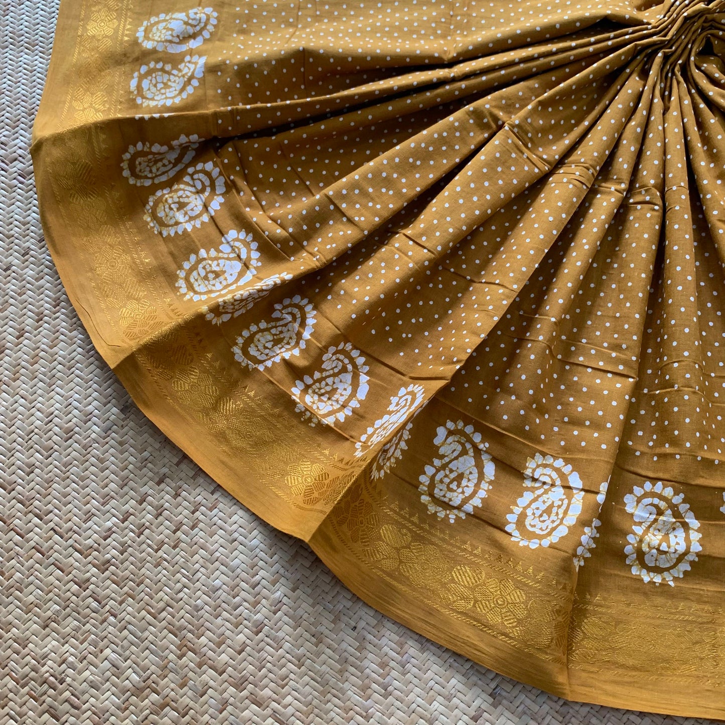 Mustard Hand Crafted wax print Sungudi Mul Mul Cotton Saree