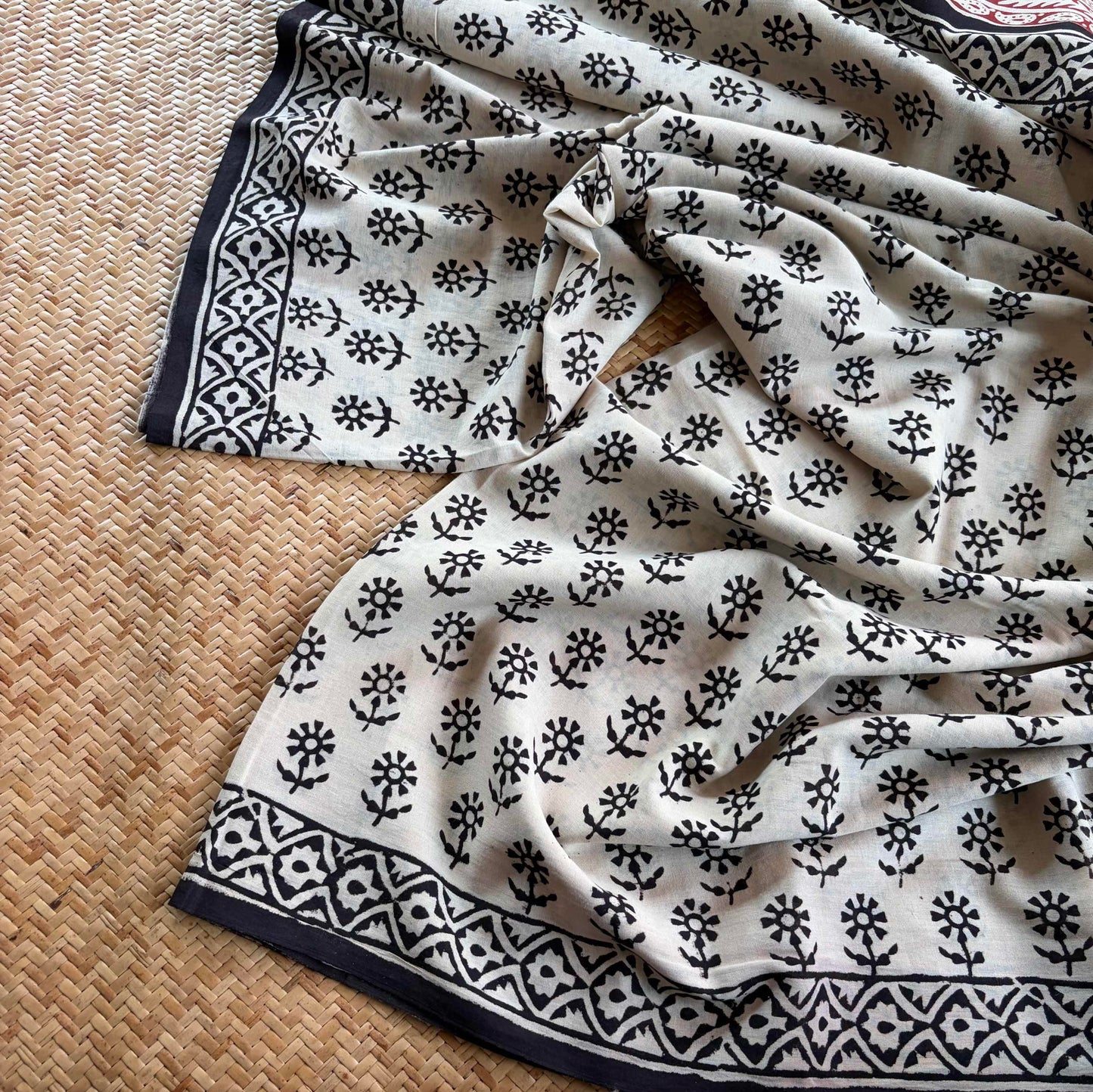 Mul Mul Cotton saree, Hand Block Printed, Cream