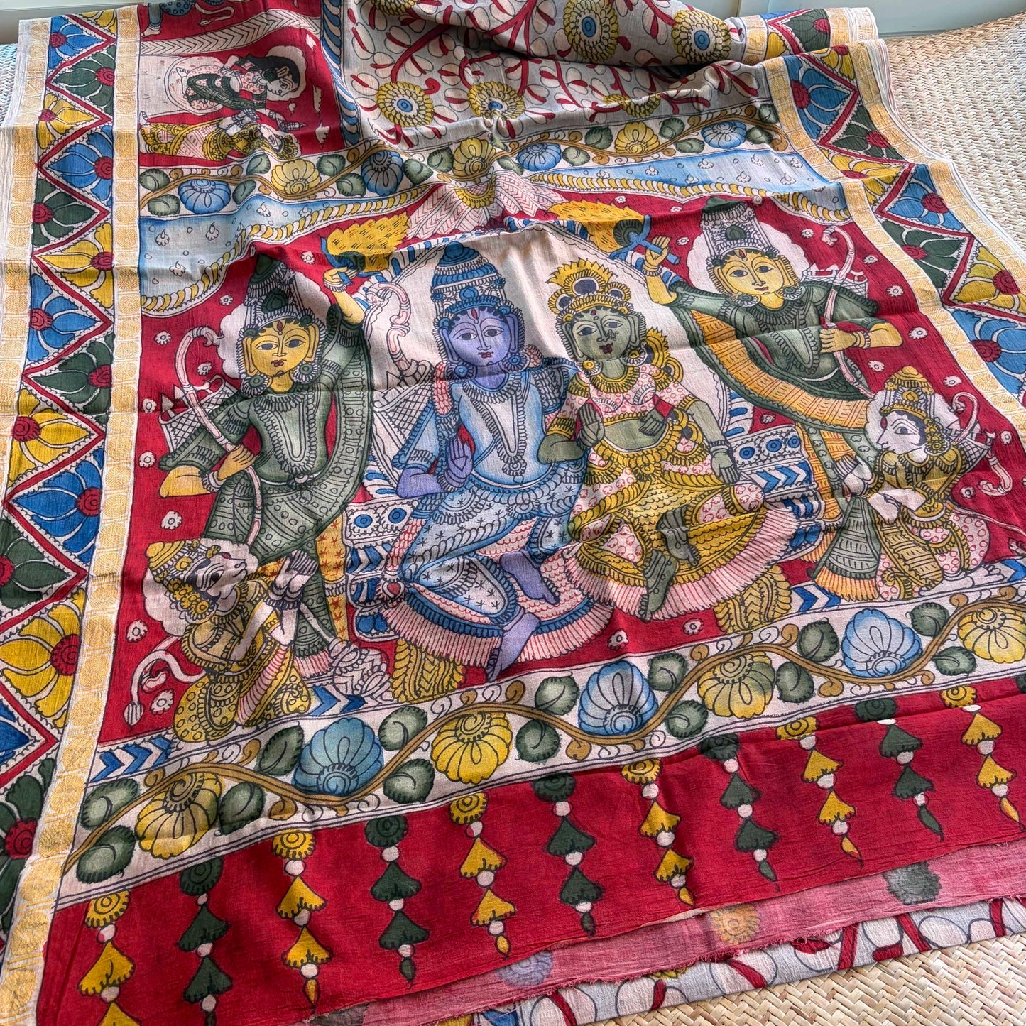 Ramayana Kalamkari Hand Painted on Cotton Sungudi Saree With Blouse