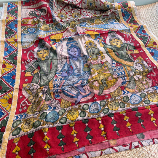 Ramayana Kalamkari Hand Painted on Cotton Sungudi Saree With Blouse