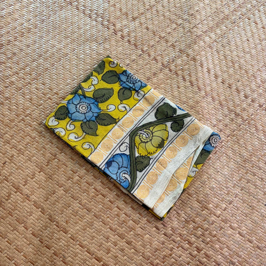 Yellow Floral, Kalamkari Hand Painted on a Madurai Sungudi Cotton 1.20 METER FABRIC