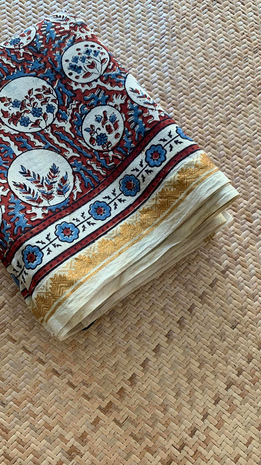 Algae- Cream, Ajrak Hand Block Printed On Madurai Cotton Saree With Zari