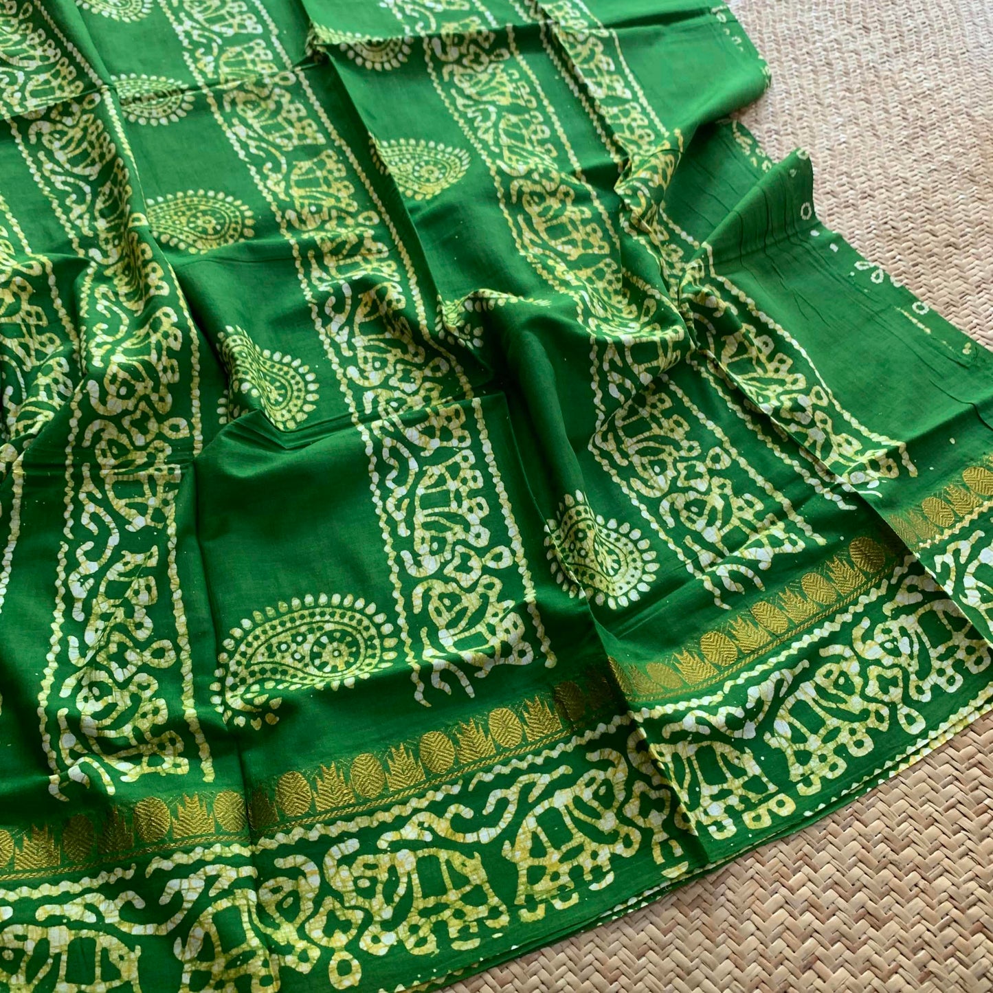 Green Hand Crafted wax print Sungudi Mul Mul Cotton Saree