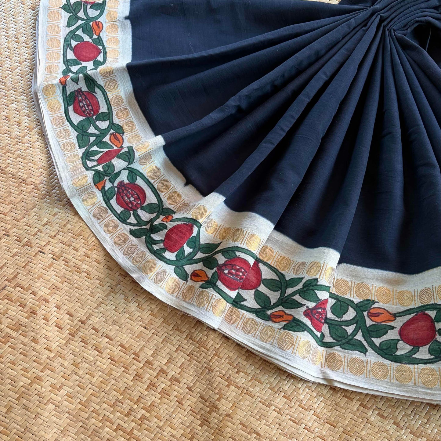 Pomegranate - Kalamkari Hand Painted on a Madurai Sungudi Cotton saree. With Blouse