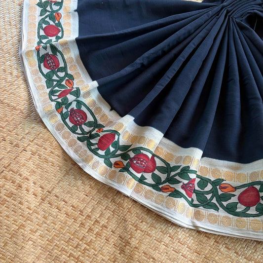 Pomegranate - Kalamkari Hand Painted on a Madurai Sungudi Cotton saree. With Blouse