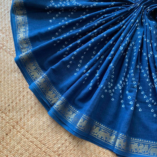 Indigo Natural Saree, Hand knotted Sungudi Cotton saree, Kaikattu Sungadi