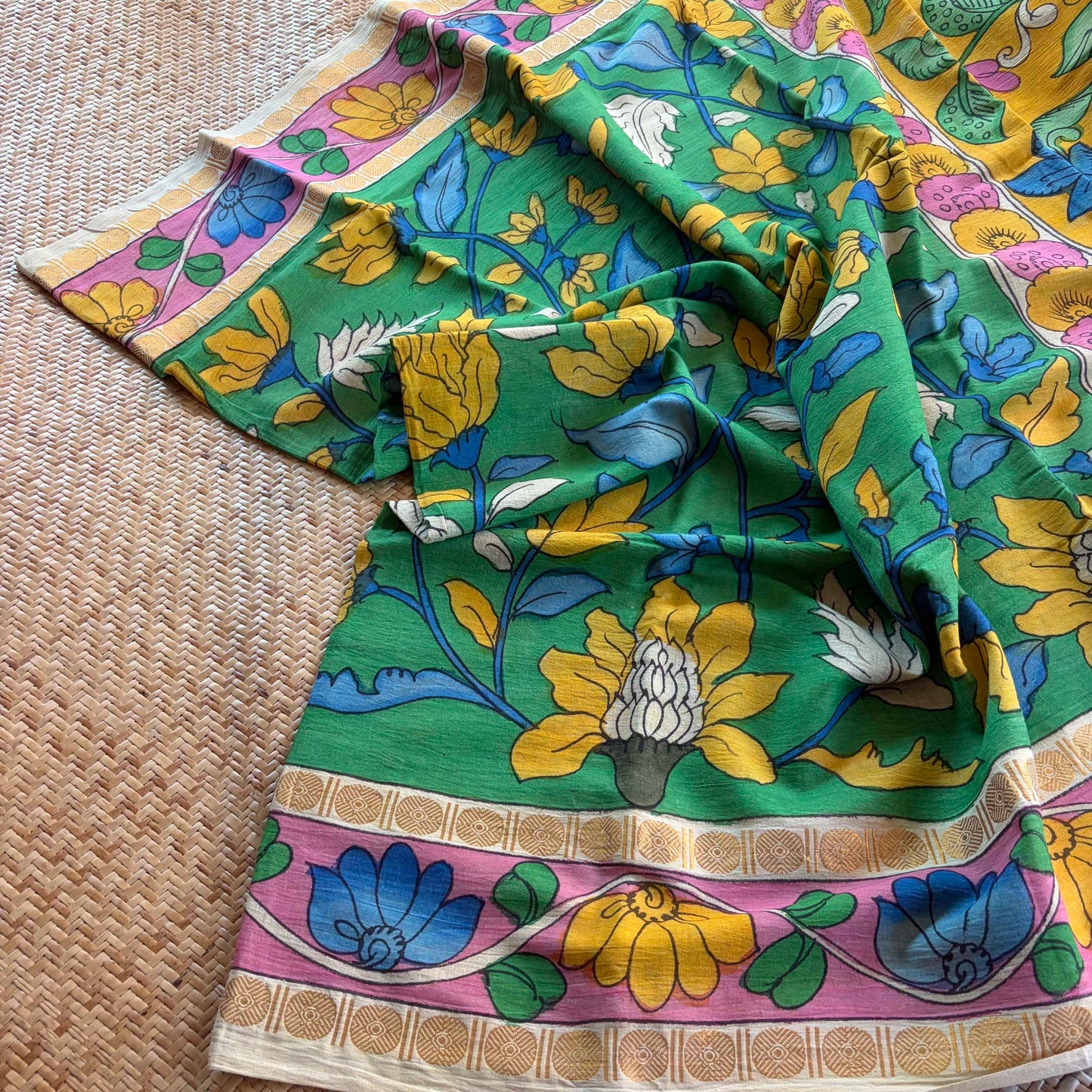 Green Kalamkari Hand Painted on Cotton Sungudi Saree With Blouse