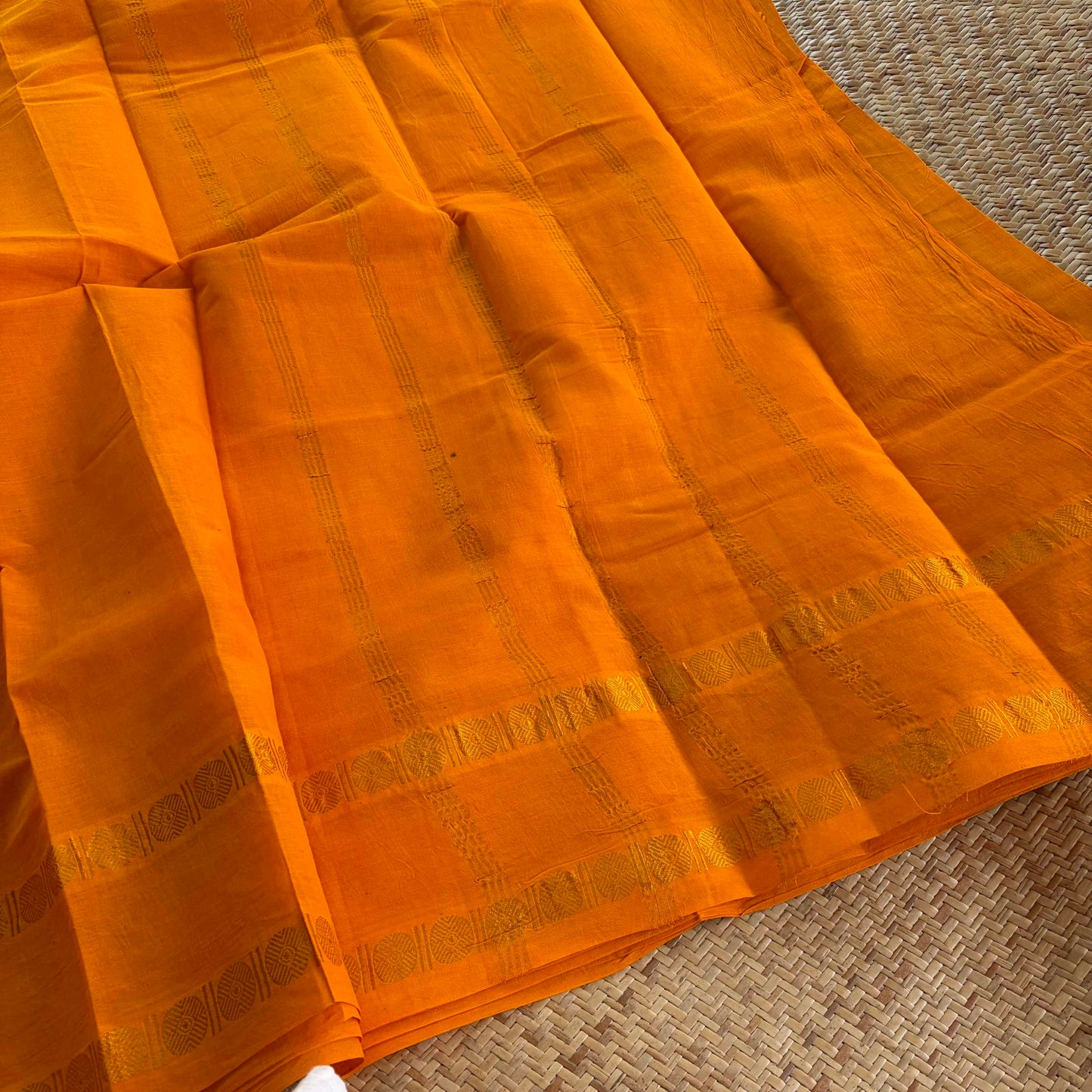 Yellow Saree With Running Blouse , Zari Rudraksham Rettai Pettu Border , Clamp dyed (Kattu sayam)