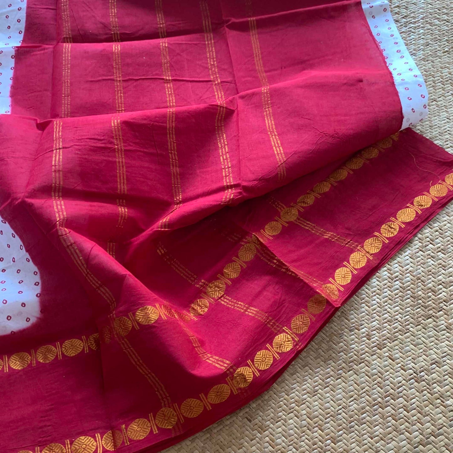 Red Rudraksham Border With Block Print, Sungudi Saree