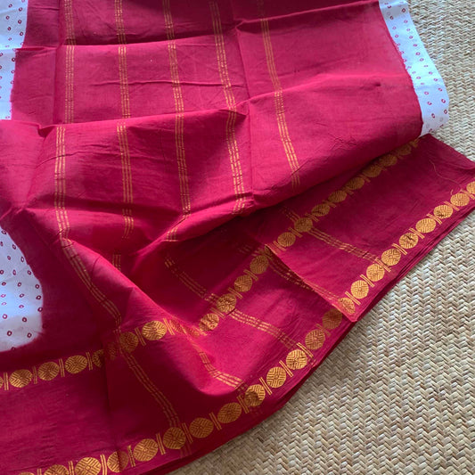 Red Rudraksham Border With Block Print, Sungudi Saree