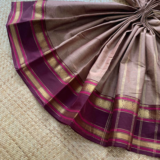 Brown Saree with Zari Border, Chettinadu Cotton Saree