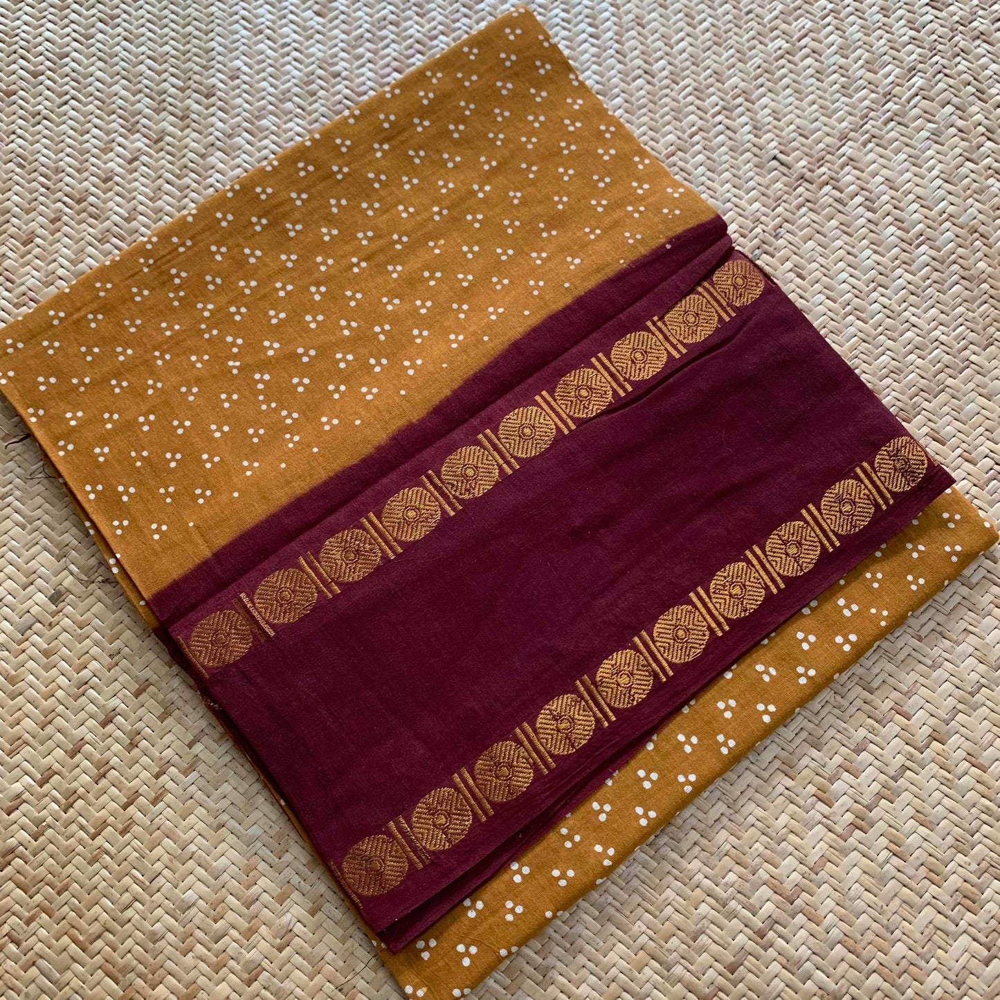 Mustard With White Wax Print, Rettai Pettu Sungudi Cotton Sarees