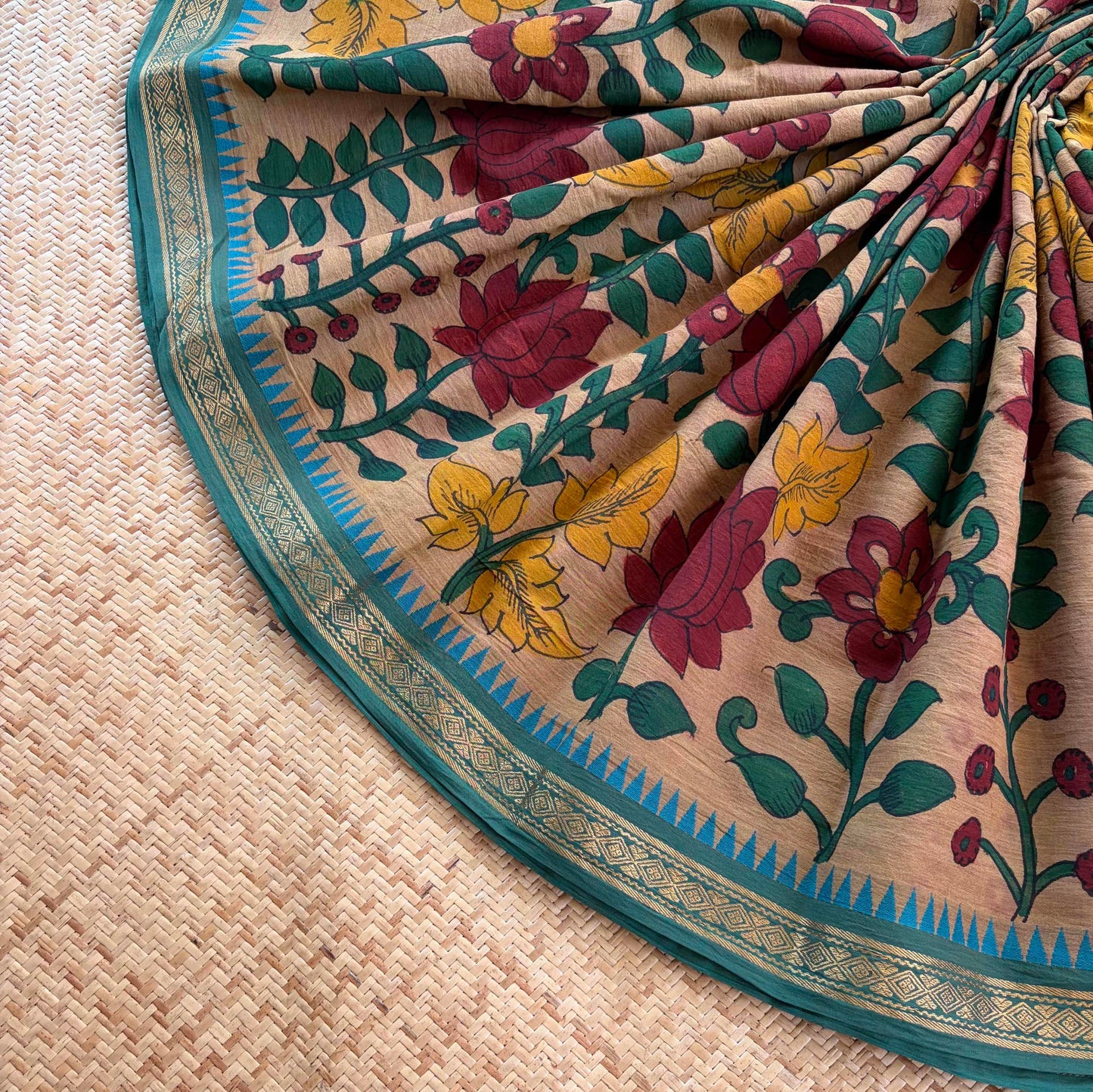 Multicoloured Kalamkari Hand Painted on Chettinad Cotton saree