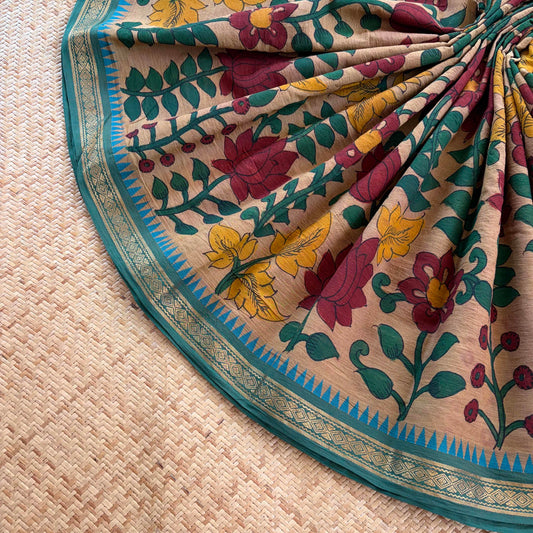 Multicoloured Kalamkari Hand Painted on Chettinad Cotton saree