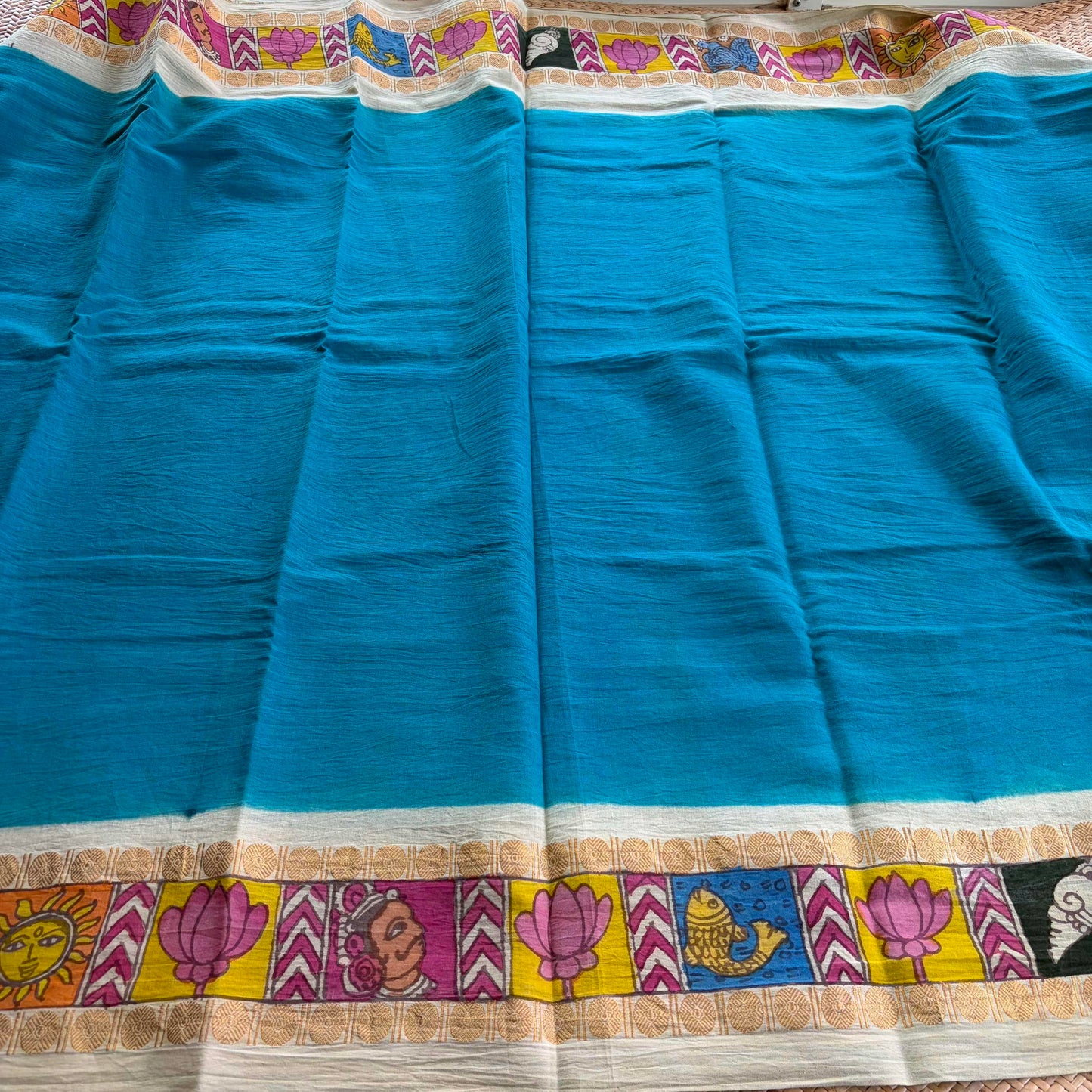 Aqua - Kalamkari Hand Painted on a Madurai Sungudi Cotton saree. With Blouse