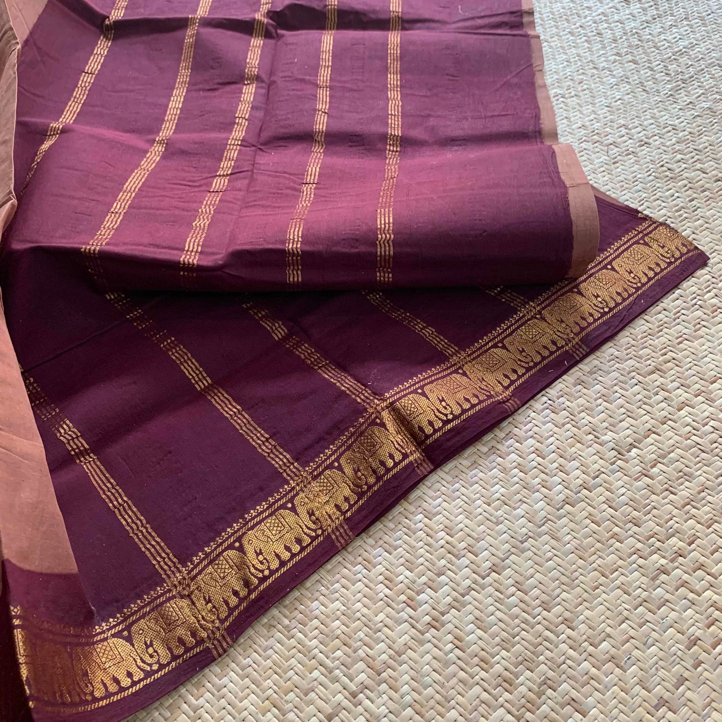 Chocolate Brown Saree With Beetle Nut Brown Half Fine Zari Border, Clamp dyed (Kattu sayam).