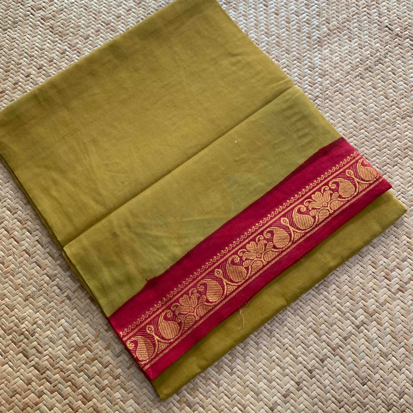 Green Saree With Red Half Fine Zari Border, Clamp dyed (Kattu sayam).