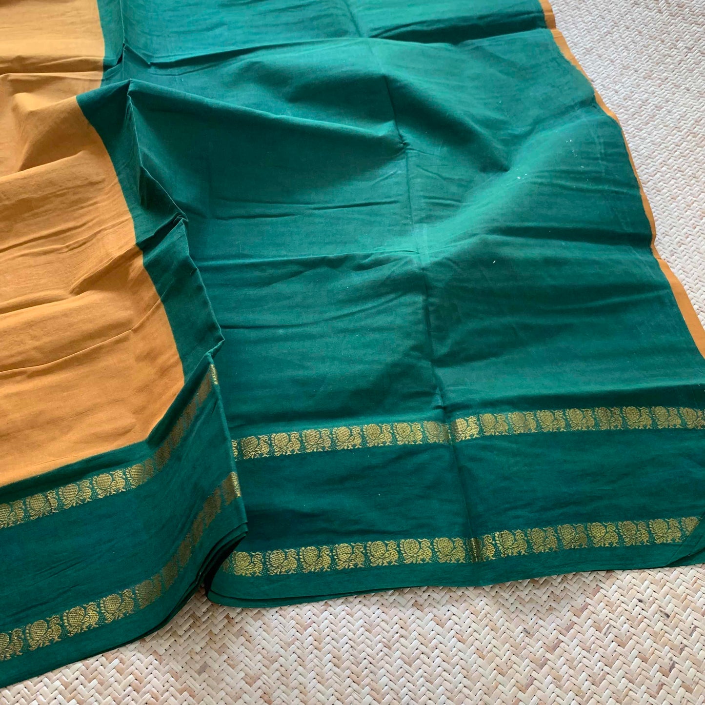 Mustard Saree With Green Border, Zari Annam Rettai Pettu Border , Clamp dyed (Kattu sayam).