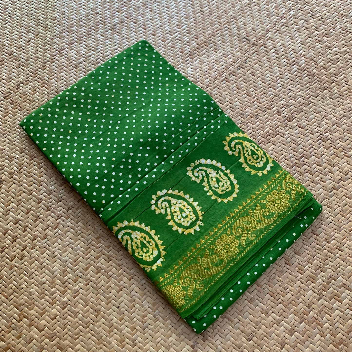 Green Hand Crafted wax print Sungudi Mul Mul Cotton Saree