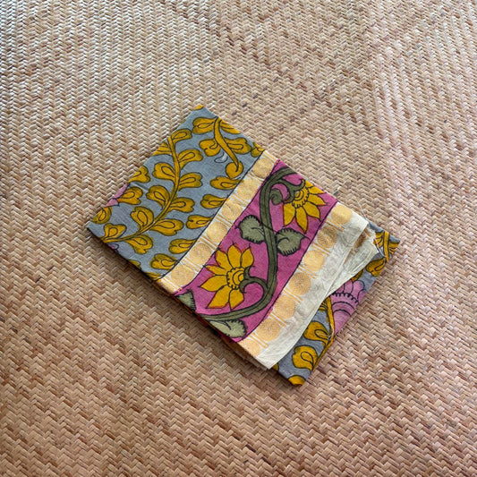 Grey Floral, Kalamkari Hand Painted on a Madurai Sungudi Cotton 1.20 METER FABRIC