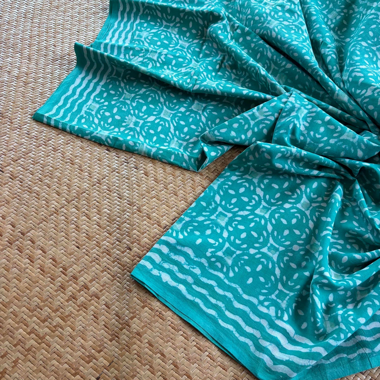 Mul Mul Cotton saree, Hand Block Printed, Aqua