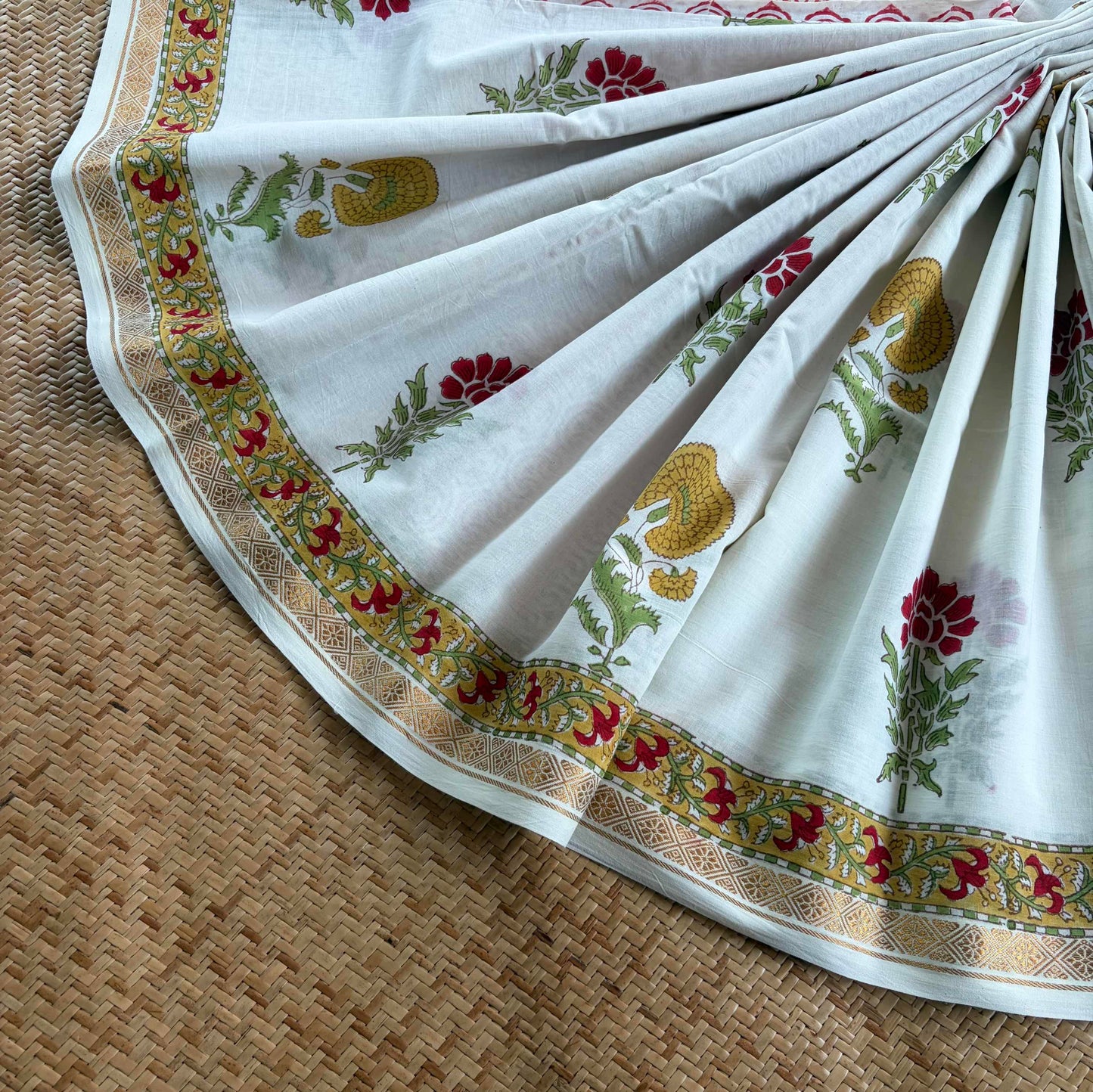 White, Jaipur Hand Block Printed On Madurai Cotton Saree With Zari