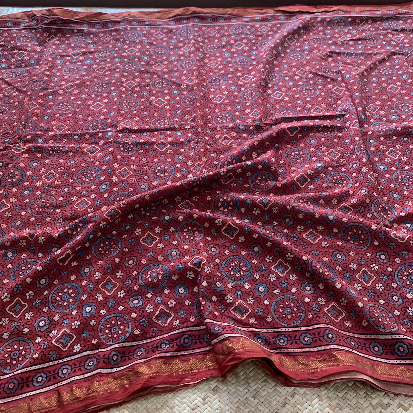 Vintage-Manjistha, Ajrak Hand Block Printed On Madurai Cotton Saree With Zari